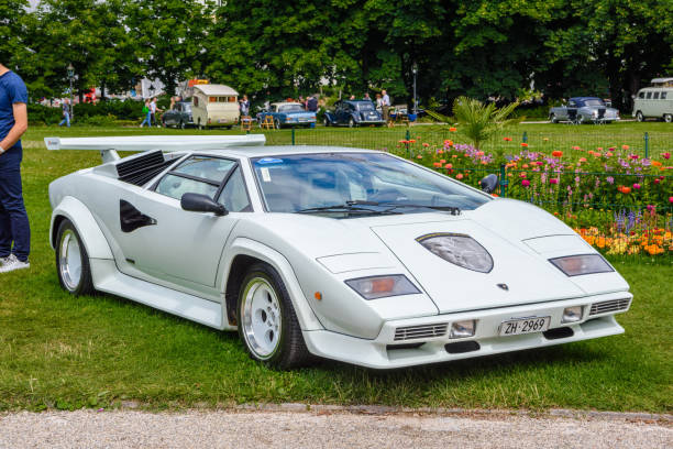 Baden-Baden, Germany - 14 July 2019: white Lamborghini Countach 1974 sports car is parked in town center, oldtimer meeting event in the center of Baden-Baden