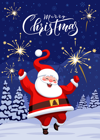 Vector illustration of happy santa claus with fireworks background.