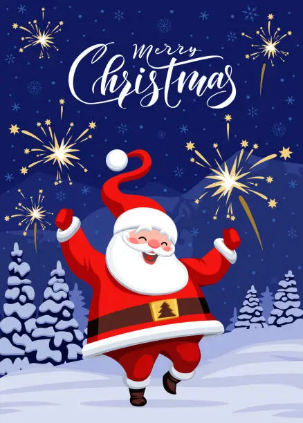 Vector illustration of Happy Santa Claus With Fireworks Background