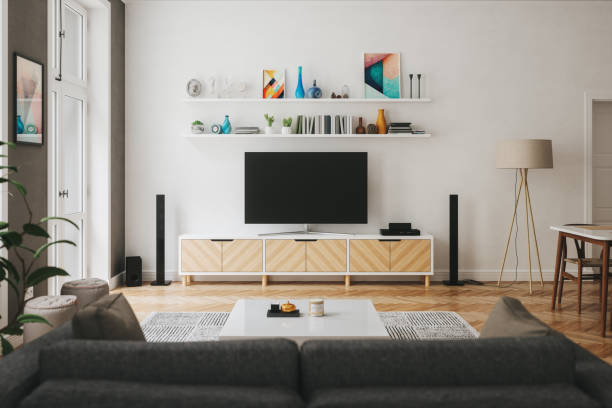 Scandinavian Style Modern Living Room With Entertainment Center Cozy Scandinavian style living room with home entertainment center. television set stock pictures, royalty-free photos & images