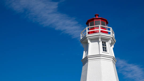 캡-주리메인 등대 꼭대기 - lighthouse local landmark blue canada 뉴스 사진 이미지