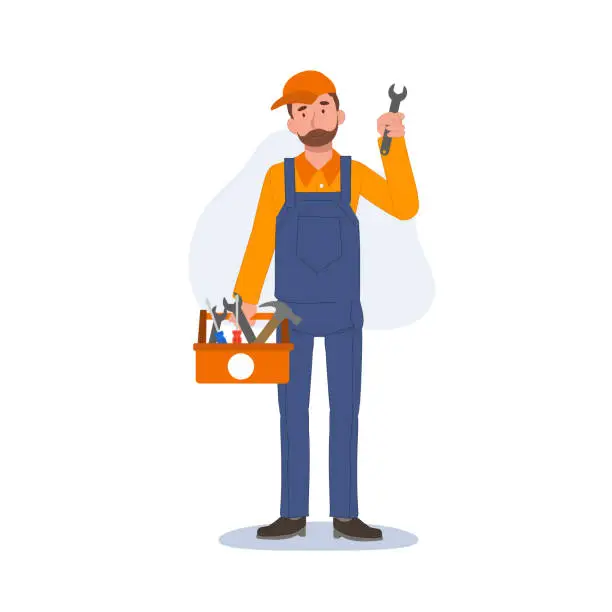 Vector illustration of Full length of Happy repairman with box of tools.Professional Mechanic Guy.  Expert service worker. Flat vector cartoon character illustration