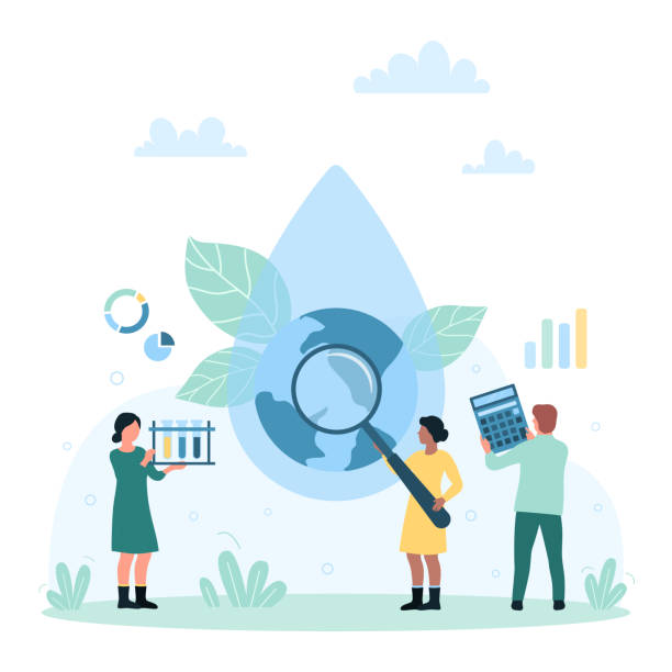 illustrazioni stock, clip art, cartoni animati e icone di tendenza di ricerca e controllo della qualità dell'acqua, piccole persone che guardano attraverso la lente d'ingrandimento a goccia - environmental conservation chemistry laboratory biomedicine