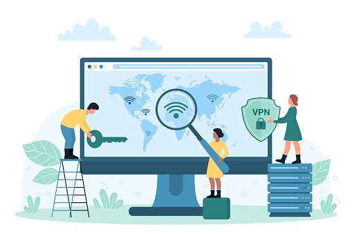 VPN service vector illustration. Cartoon tiny people holding magnifying glass to search safe proxy server on virtual world map on computer monitor, IP connection security and privacy of access