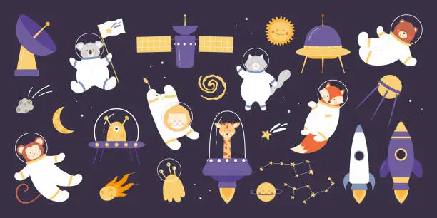 Vector illustration of Cute astronaut animals in space travel set, cosmonaut characters in fun adventure