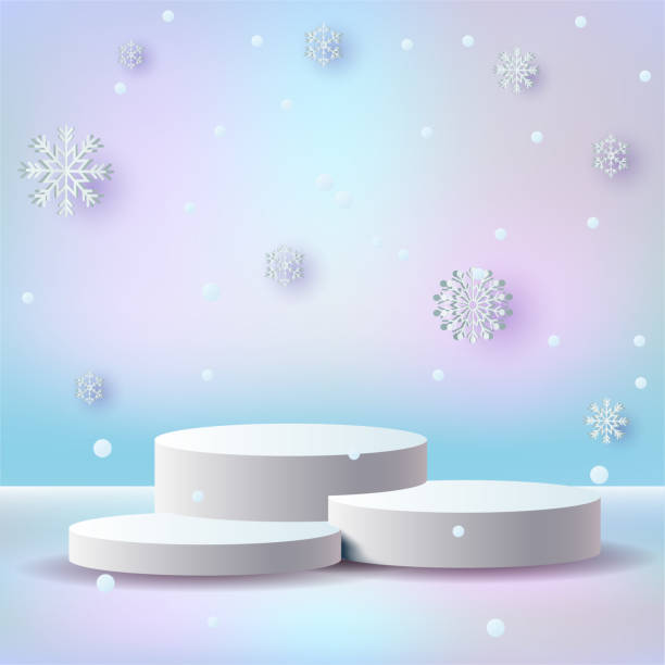 istock Christmas Winter product podium scene. winter holiday pedestal ice snow 3d rendering vector background with podium. Vector illustration 1440867063