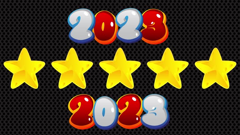 Five Stars with the number 2023. Animated Rating with words.