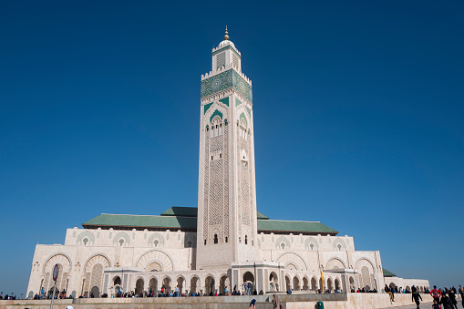 The Mosquée Hassan-II is located in Casablanca, Morocco. It is 210 meters high and is one of the largest mosques in the world.