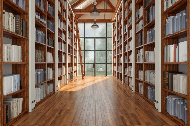 Library Interior With Books On Bookshelves Library Interior With Books On Bookshelves parquet floor perspective stock pictures, royalty-free photos & images