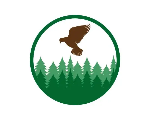 Vector illustration of Circle with pine tree and bird inside