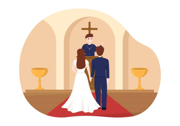 ilustrações de stock, clip art, desenhos animados e ícones de wedding ceremony in the cathedral catholic church building with the happy couple in flat cartoon hand drawn template illustration - church wedding