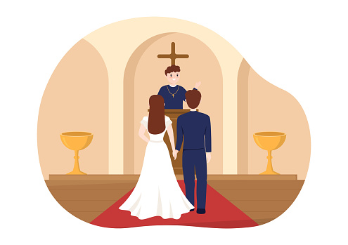 Wedding Ceremony in the Cathedral Catholic Church Building with the Happy Couple in Flat Cartoon Hand Drawn Template Illustration