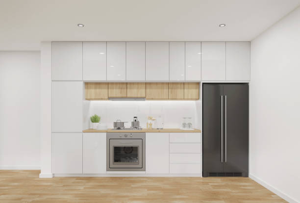 istock Kitchen cabinet wall with appliances on wooden floor. 1440878571