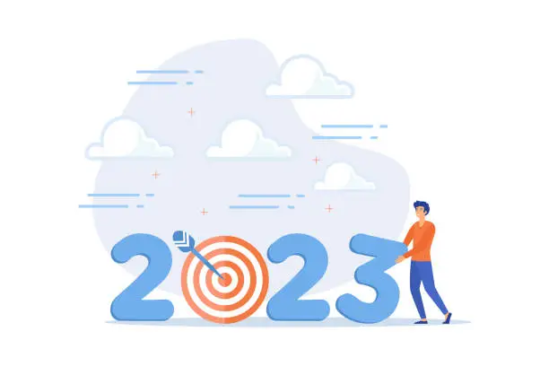 Vector illustration of Year 2023 business target, new year resolution or challenge to achieve goal, aim for business success, growth or motivation to succeed concept, flat vector modern illustration