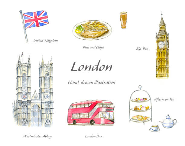 londyński ręcznie rysowany zestaw ilustracyjny akwareli. - big ben isolated london england england stock illustrations