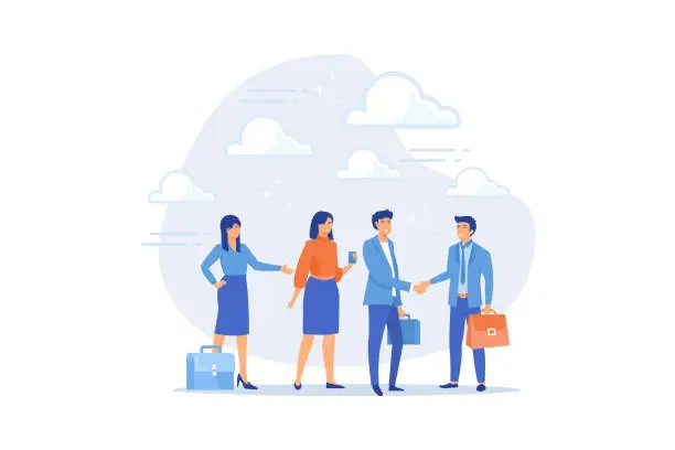 Vector illustration of Onboarding new employee, warm welcome to new office, introduce new hire to colleagues, orientation training on first day concept, flat vector modern illustration