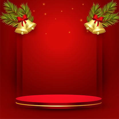 merry christmas red backgorund with 3d podium and jingle design  vector