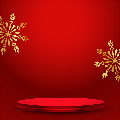merry christmas red background with 3d podium and snowflake  vector