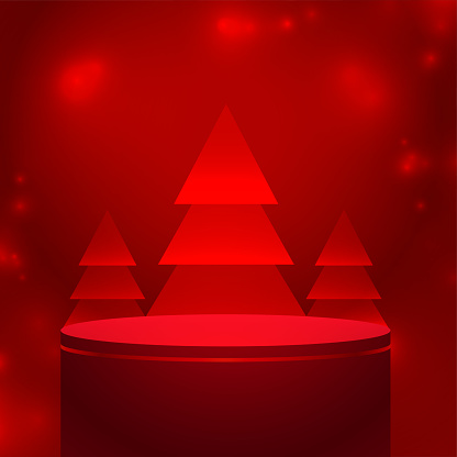3d podium design with xmas tree on red background for merry christmas  vector