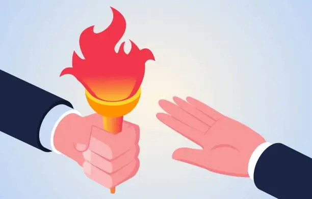 Vector illustration of Isometric hand holding the torch to pass to the other hand, mission passing, new succession planning, business or position handover and passing, business partnership, corporate culture