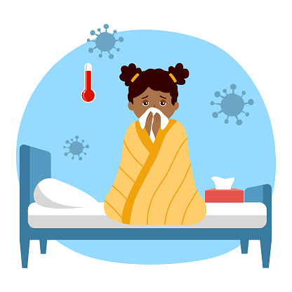 Black girl suffering from flu in bed under blanket. Child has fever and sneezing in handkerchief. Flu or cold allergy symptom. Influenza treatment concept vector.