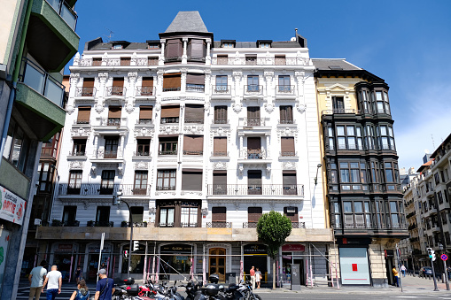 Old fashioned classical style residential building in Bilbao, the largest city in the Basque Country, on the north coast of Spain.