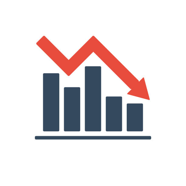 ilustrações de stock, clip art, desenhos animados e ícones de bar chart with falling trend and red arrow, negative or positive dynamic concept - currency exchange tax finance trading