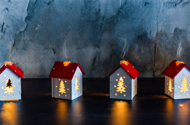 Decorated House facade exterior with Christmas colorful lights.Chinese New Year decoration for celebration