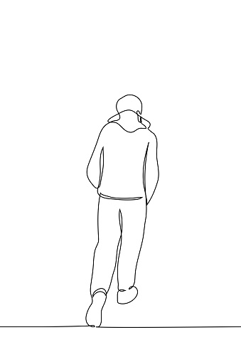 outgoing man in hoodie walking with hands in pockets back view - one line drawing vector. concept to leave, pass by