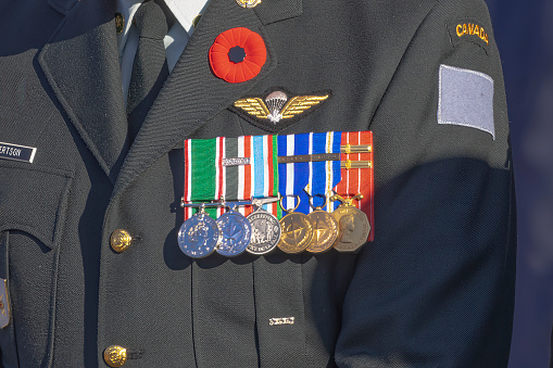 Nov 11, 2022. Calgary, Alberta, Canada. A member of the Canadian Armed Forces wearing a remembrace poppy.