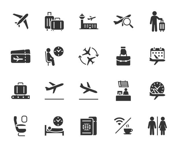 Vector set of airport flat icons. Contains icons baggage, departure, boarding, plane ticket, hand luggage, waiting room, transfer, check-in desk and more. Pixel perfect. Vector set of airport flat icons. Contains icons baggage, departure, boarding, plane ticket, hand luggage, waiting room, transfer, check-in desk and more. Pixel perfect. terminal tower stock illustrations