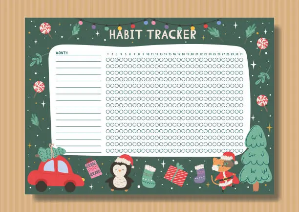 Vector illustration of Monthly habit tracker with Christmas theme with cute animals and Christmas tree.Personal organizer with decorative frame. Winter mood.