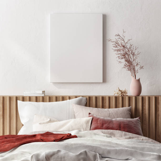 Bedroom interior space with mock up poster on background wall.