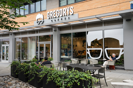 Washington, DC, USA - June 22, 2022: Front view of a Gregorys Coffee shop in Washington, DC. Gregorys Coffee is a New York-based coffee roaster and retailer.