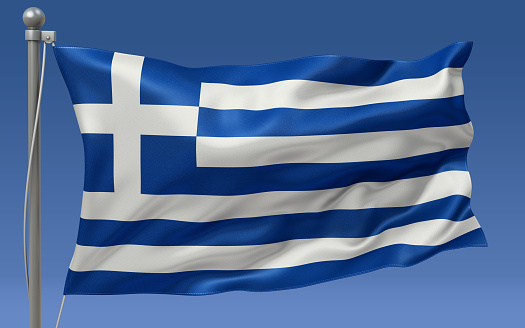 Greece flag waving on the flagpole on a sky background