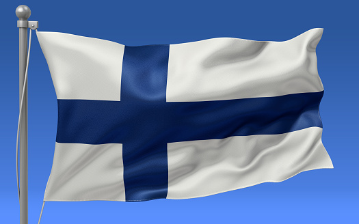 Finland flag waving on the flagpole on a sky background