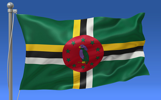 Dominica flag waving on the flagpole on a sky background