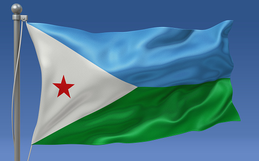 Djibouti flag waving on the flagpole on a sky background