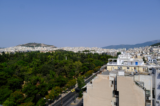 Panoramic view of Pedion Areos which is one of the largest public parks Athens, Greece on August 20, 2022.