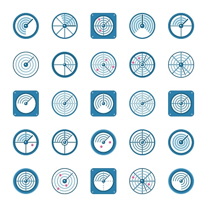 Radar flat icons set. Vector colorful radio location symbols or logo elements