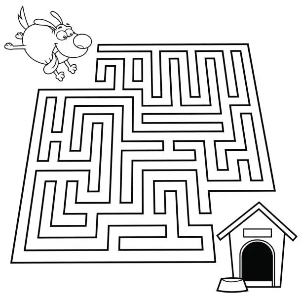 Vector illustration of Cartoon Maze Game Education For Kids Help The Dog Get To His House