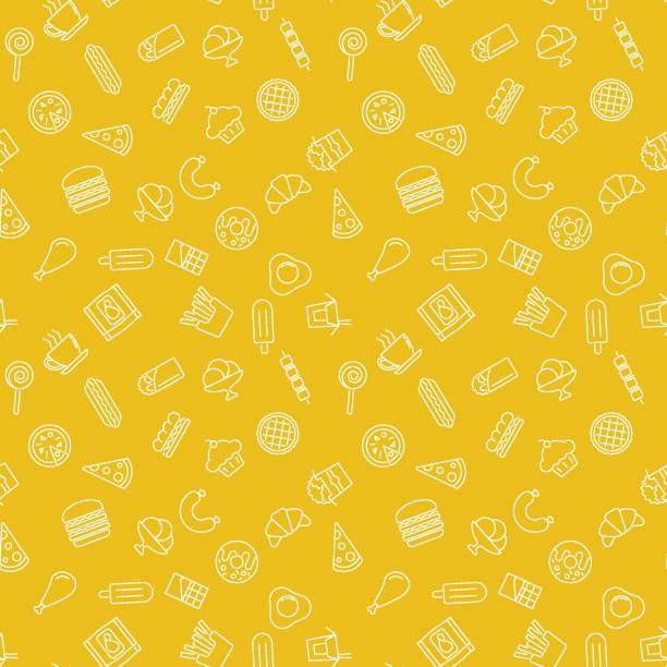 желтый узор фаст-фуда - векторная бесшовная текстура - seamless croissant pattern ice stock illustrations