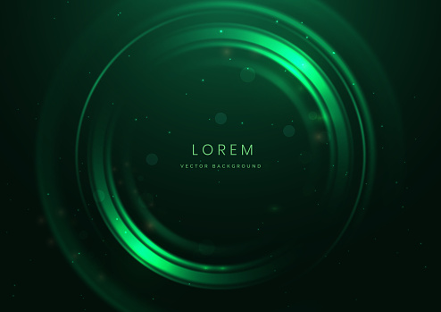 Abstract technology futuristic neon circle glowing green light lines with speed motion blur effect on dark green background. Vector illustration