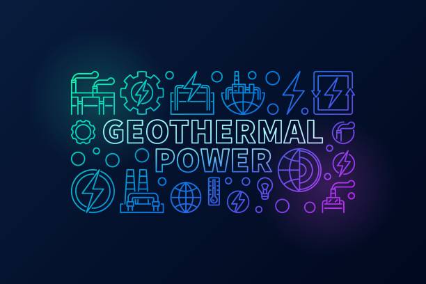 Geothermal Power creative illustration Geothermal Power creative illustration - vector colorful banner made with outline geothermal energy icons on dark background geothermal reserve stock illustrations