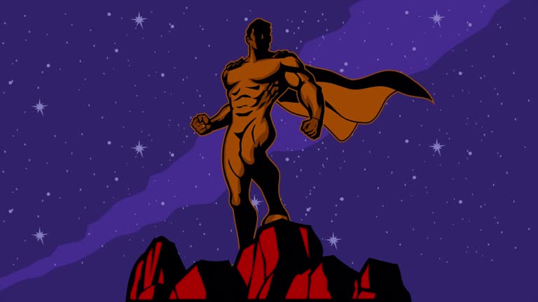 Looping Retro Animated Flowing Cape Superhero with Starry Night Sky Background Video