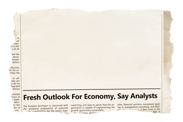 torn newspaper clipping with headline about fresh outlook for economy, and plenty of space for your copy - cut or torn paper paper torn old imagens e fotografias de stock