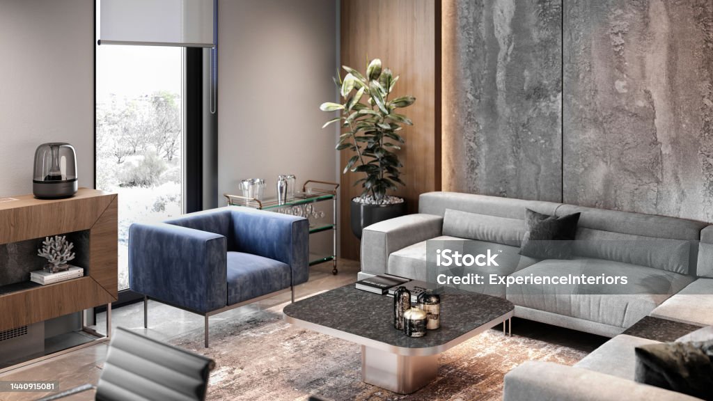 Modern lounge interior Modern lounge with large sofa, armchairs and coffee table. Concrete wall and floor. Window with jalousie. Render Living Room Stock Photo