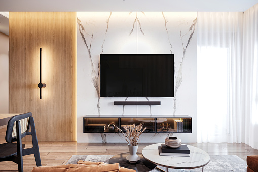 Television set  on the marble wall with sound bar below in living room. Copy space render