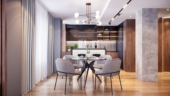 Dining set table with armchairs, pendant lamp, window with curtains and open kitchen and kitchen bar in the background. Render