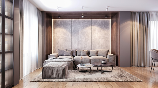 Living room interior with a large velvet sofa, coffe table, carpet, parquet, concrete wall and wooden wall paneling. Window with curtains. Render